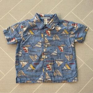 Janie and Jack Nautical Sail Boat Print Blue Button Down Shirt Boy’s Size 18-24M